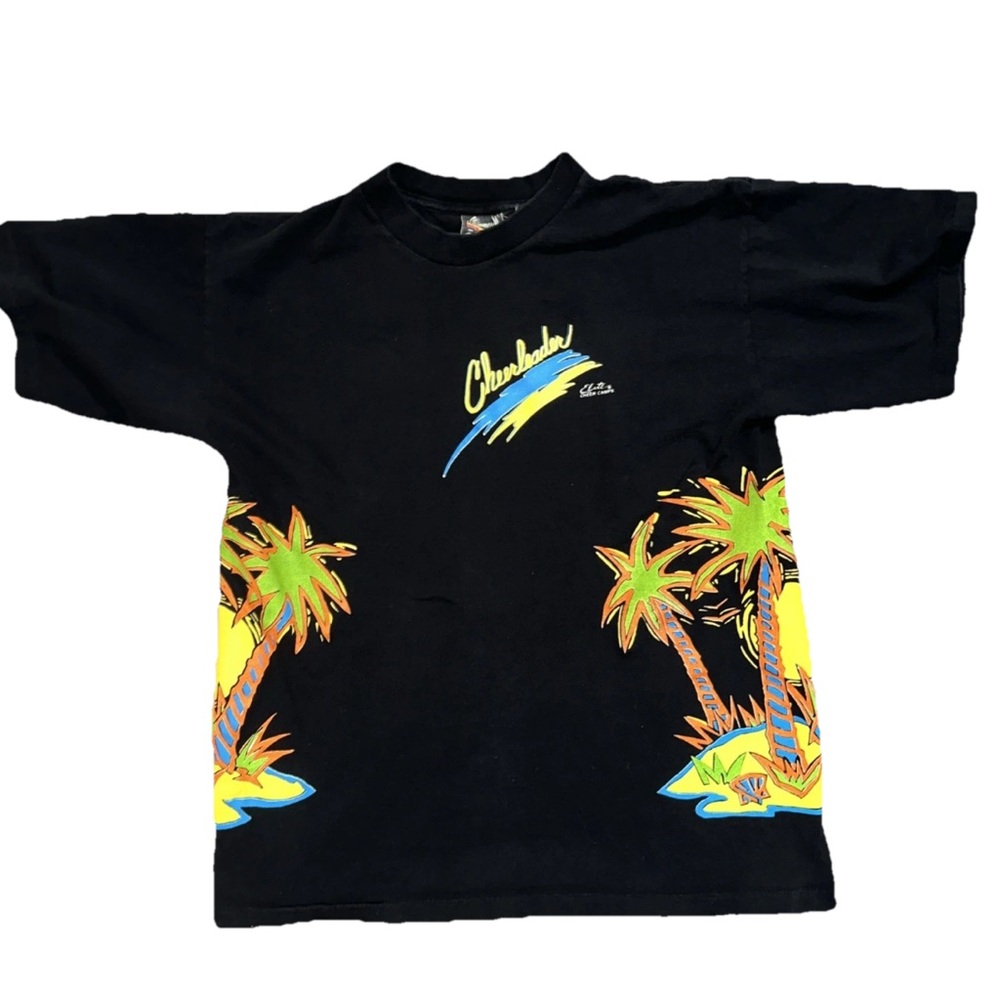 Vintage 90s Single Stitch T Shirt Large Made In USA Cheerleader Neon AOP Tee